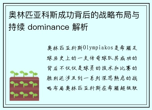 奥林匹亚科斯成功背后的战略布局与持续 dominance 解析